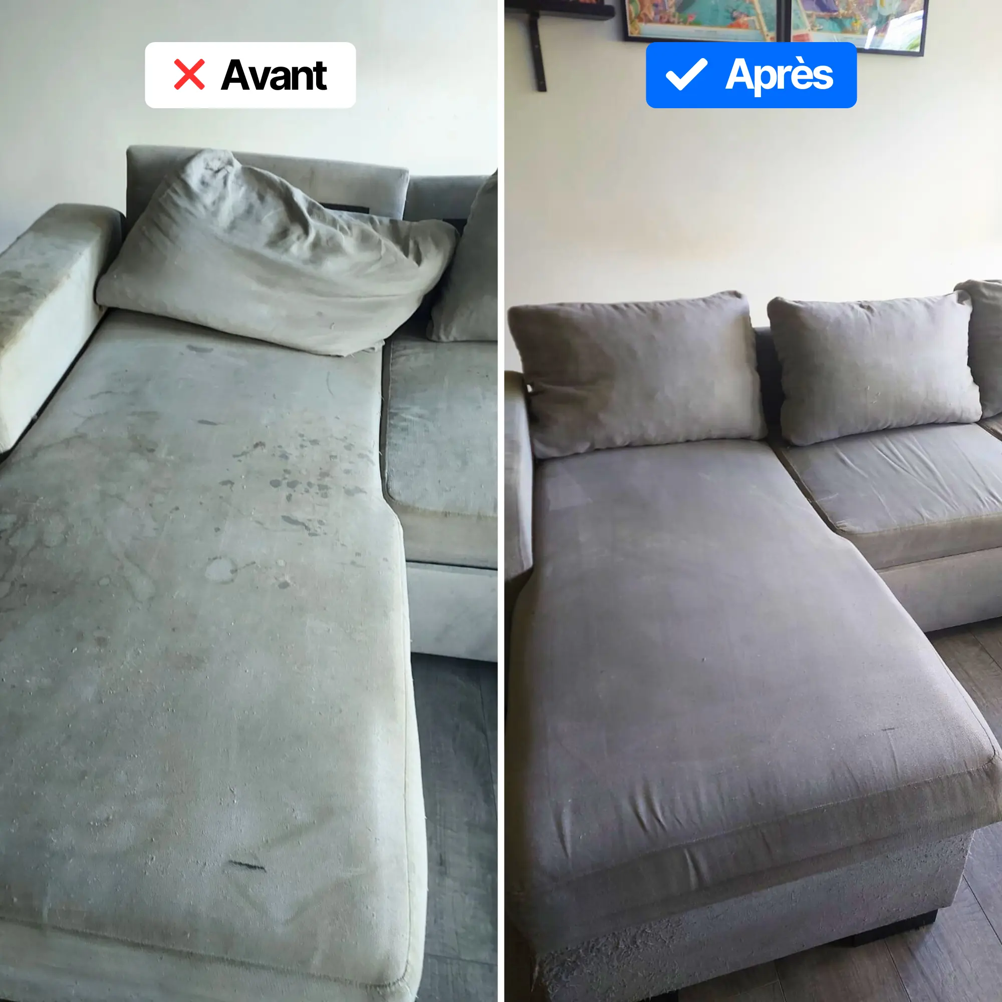Avant et après nettoyage d'un canapé d'angle gris.