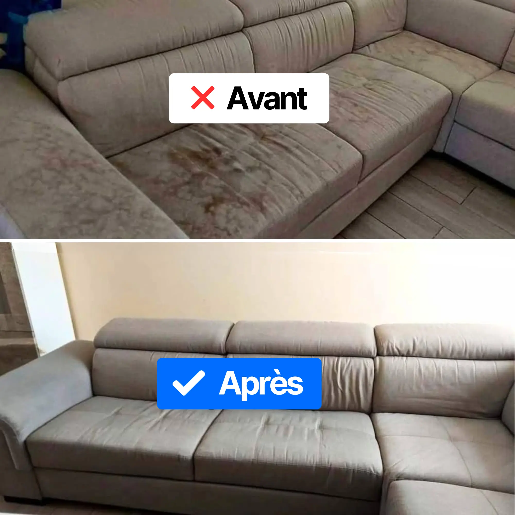 Avant et après nettoyage de canapé d'angle