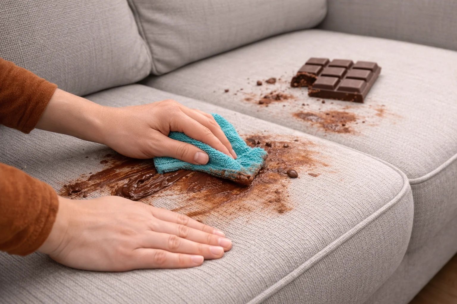 Nettoyage d'une gross tache de chocolat sur un canapé 