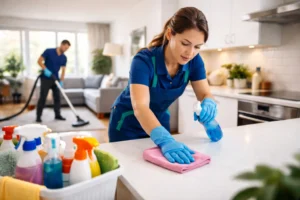 femme nettoie un appartement