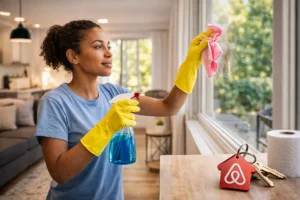 femme nettoie un logement airbnb