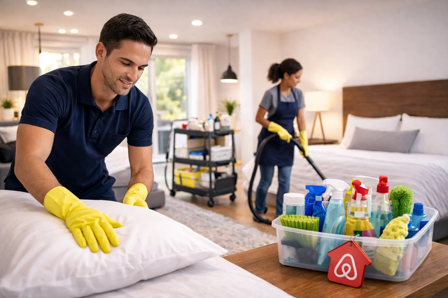 Ménage d'un aribnb par un homme et une femme