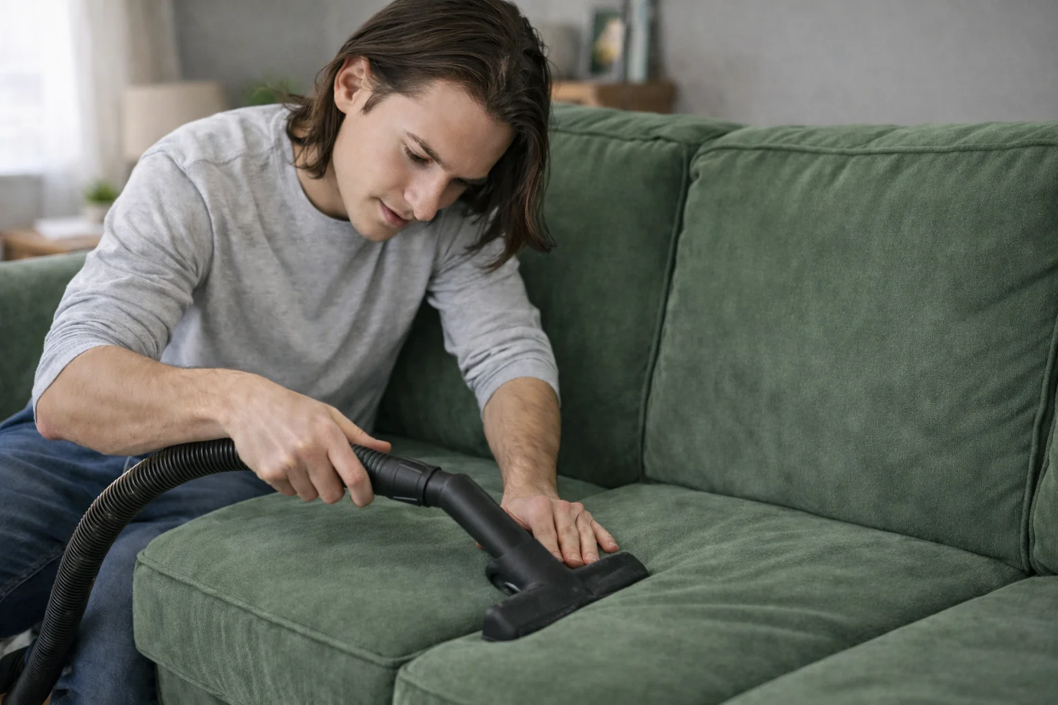 homme normal aspire en profondeur son canapé en microfibre