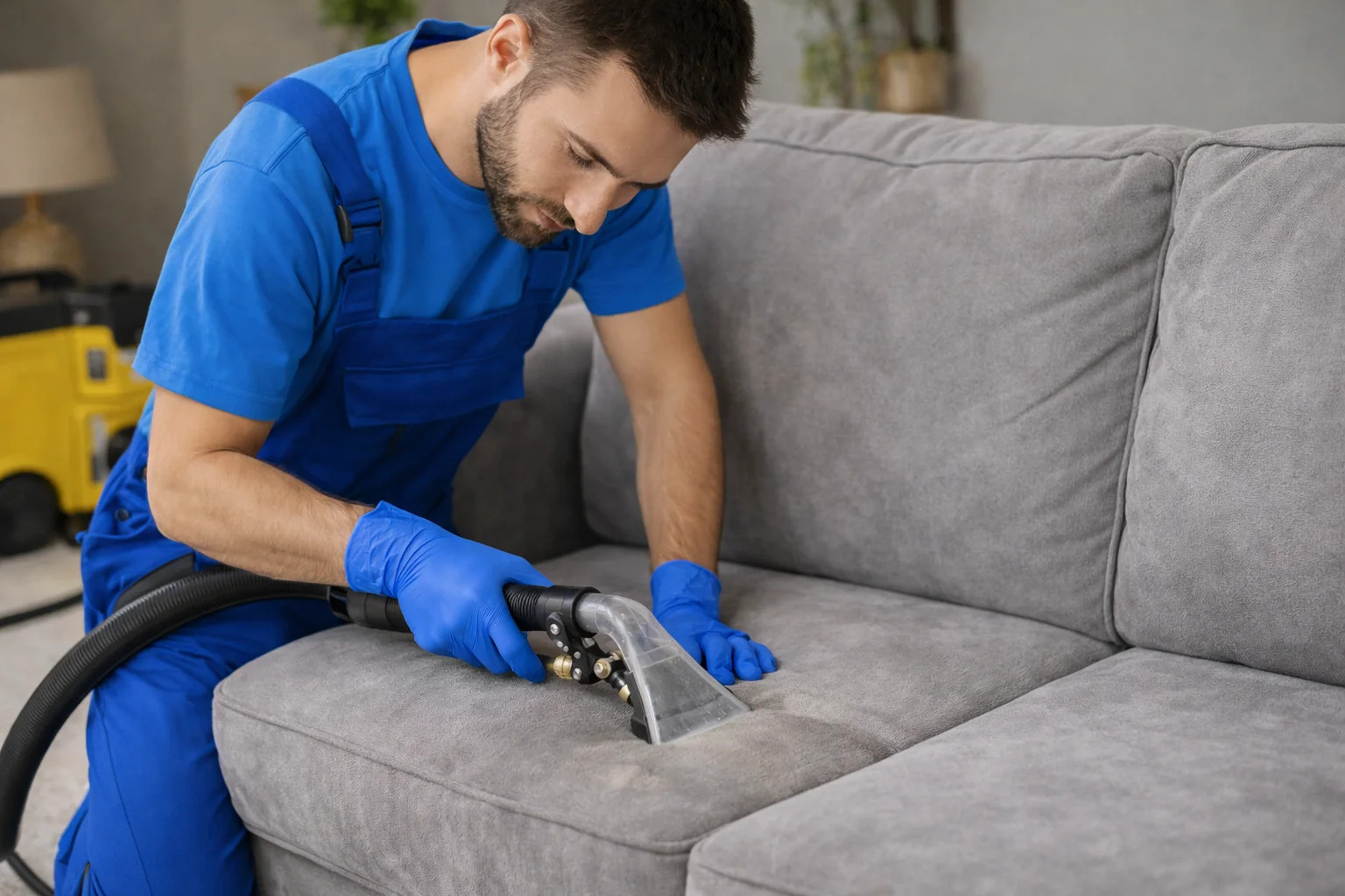 professionnel nettoie un canapé en microfibre